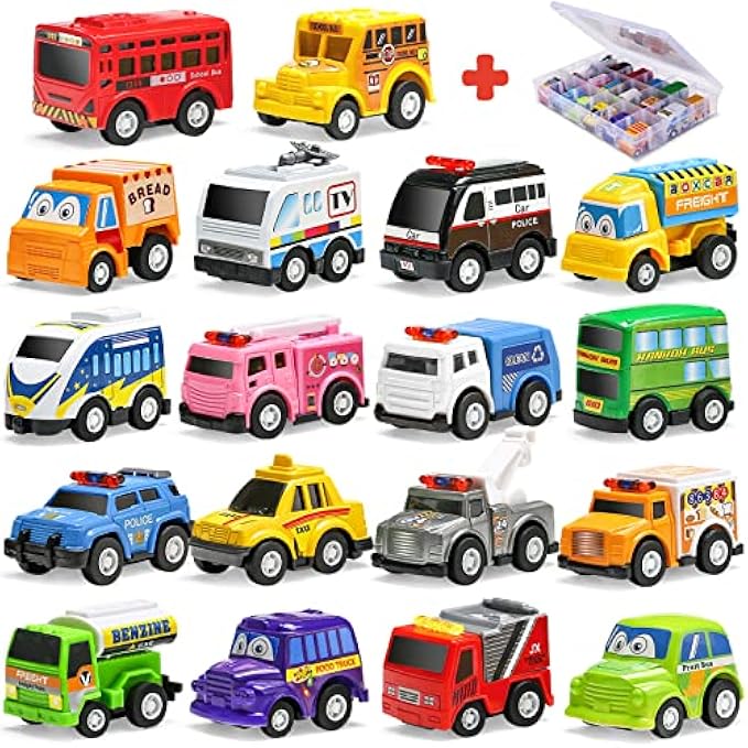 18 Pack Assorted Pull Back Car Toys For Kid With Storage Organizer Box, Mini Model Vehicle Set with Display Case For Child Toddler, Small Play Truck Bulk for Boy And Girl Party Favors, Birthday Gift