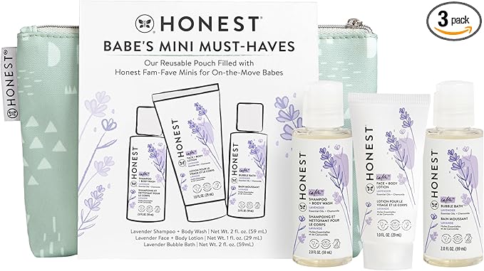 The Honest Company Babe's Mini Must Haves Gift Set | Travel Size Hypoallergenic Lavender Bathtime Essentials | Shampoo + Body Wash (2 fl oz), Face + Body Lotion (1 fl oz), Bubble Bath (2 fl oz)