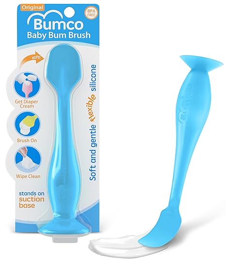 Bumco Baby Bum Brush - BPA-Free Diaper Cream Spatula with Suction Cup Base, Soft & Flexible Silicone, Wipe-Clean, Mom-Invented Diaper Bag Essentials (Blue)