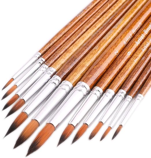 FENORKEY Artist Watercolor Paint Brushes, Round Pointed Tip Paint Brushes Set, 12pcs Different Sizes Detail Paint Brush for Watercolor, Acrylics, Ink, Gouache, Oil, Tempera (Brown)