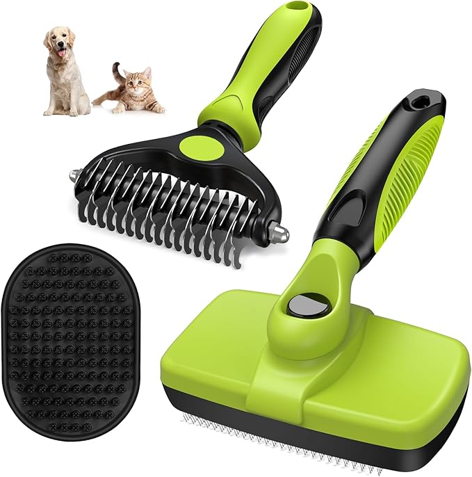 Augwind 3PCS Self Cleaning Slicker Brush & Pet Grooming Rake & Bath Brush for Dogs and Cats | Skin Friendly Deshedding Grooming Tool & Double-Sided Dematting Tool | Premium Pet Supplies (Green Black)