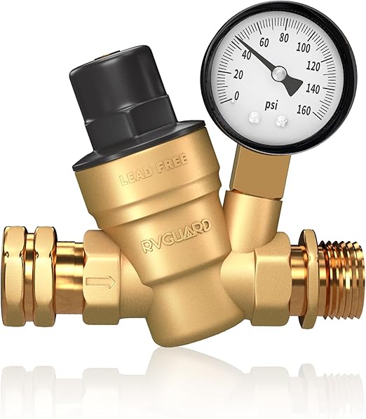 Rvguard RV Water Pressure Regulator Valve, Brass Lead-Free Adjustable Water Pressure Reducer with Gauge and Inlet Screened Filter for RV Camper Travel Trailer