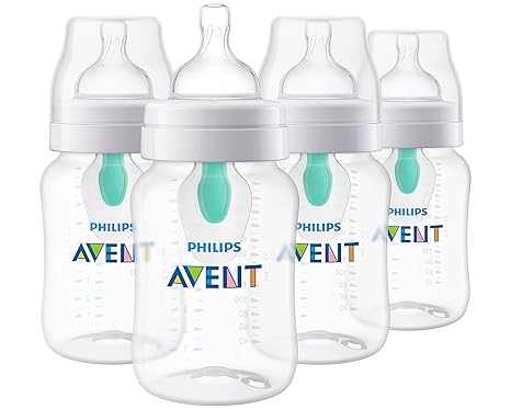 Philips Avent Anti-Colic Baby Bottle with AirFree Vent, 9oz, with Flow 2 Nipples, 1m+, 4pk, Clear, SCY703/04