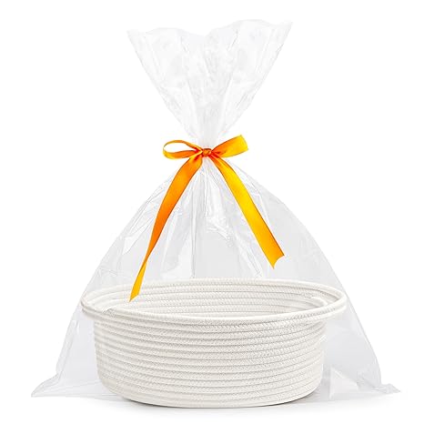 Pro Goleem Small Woven Basket with Gift Bags and Ribbons Durable Baskets for Father's Day Gifts Empty Small Rope Basket for Storage 12"X 8" X 5" Baby Toy Baskets with Handles, White