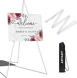 ARTASY 63" Easel Stand for Wedding Signs, Posters, Portable Artist Easel for Painting Canvas, Tripod for Home and Office, Supports 5 lbs-White 1/Pack