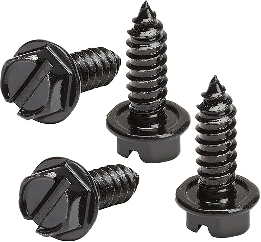 License Plate Screws - Black, Set of 4 Fasteners - for Front and Back License Plates and License Plate Frames or Covers - Rust Proof Steel, Self Tapping Mounting Bolts (Black)