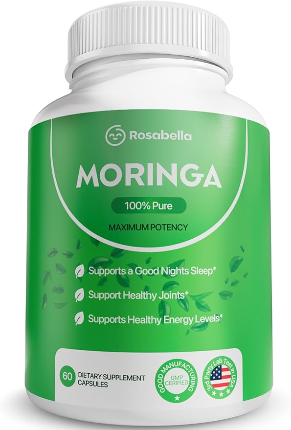 Rosabella Moringa Capsules - Pure Moringa Powder, Energy, Skin, Immune & Gut Health Superfood, Rich in Antioxidants, Essential Vitamins & Amino Acids, Natural Green Superfood Supplement - 60 Count