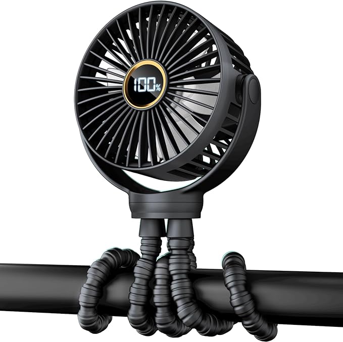 Portable Stroller Mini Fan, Small Rechargeable Personal Cooler w/ 360° Rotation, 3-Speed, Display, Battery Powered Stroller Accessories, Baby Essentials for Car Seat, Crib, Bike, Treadmill, Black