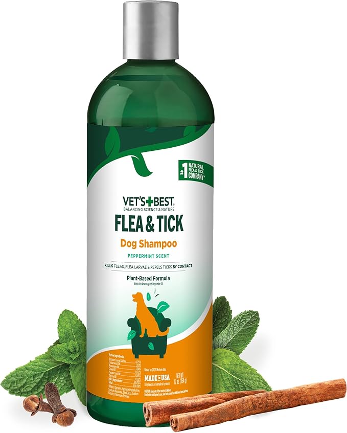 Vet’s Best Natural Flea and Tick Shampoo for Dogs – Plant-Based Formula with Certified Essential Oils – Advanced Strength Flea Treatment and Bath – Itch Relief and Tick Control – 12 oz – Made in USA