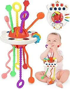 Yetonamr Baby Sensory Montessori Toys for 6-12-18 Months, Pull String Silicone Teething Toy, Toddler Birthday Gift Travel Toy for 1 2 Year Old Boy Girl Infant 8 9 10 Months Old