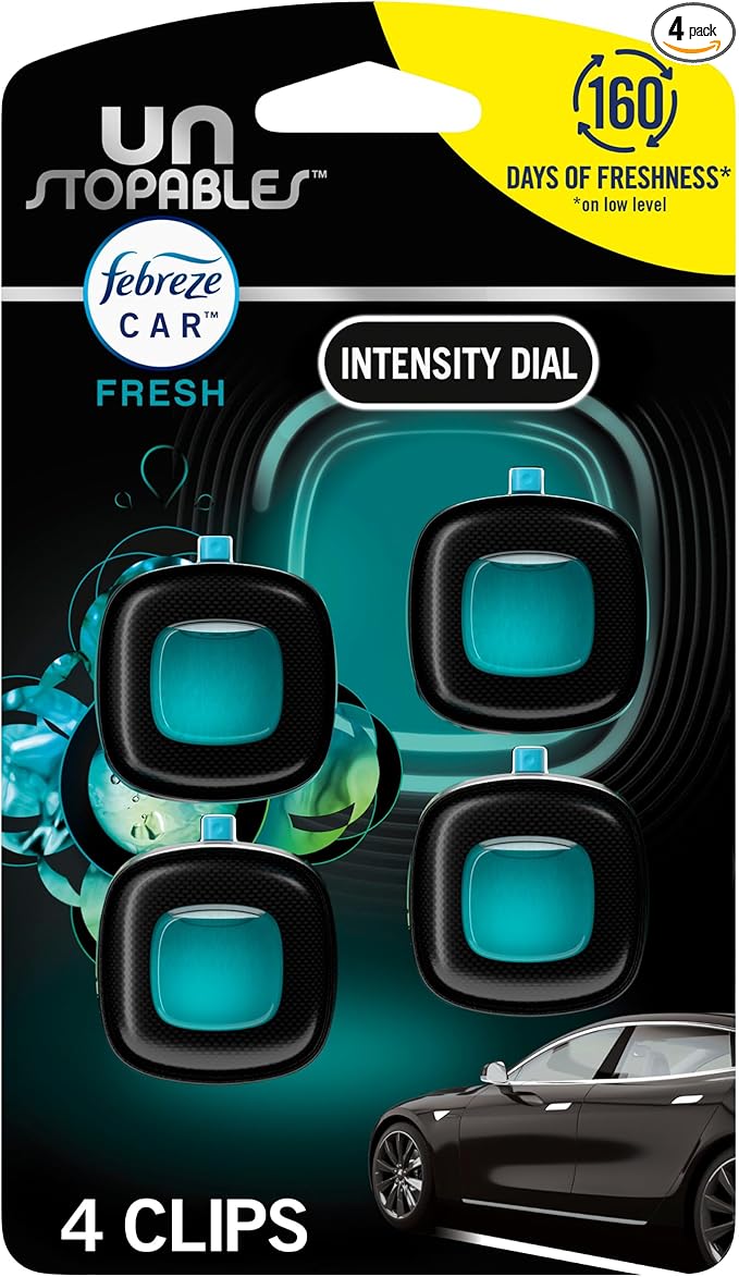 Febreze Unstopables Car Odor-Fighting Car Freshener Vent Clip Fresh Scent, .07 oz. Car Vent Clip, Pack of 4 (Packaging may vary)