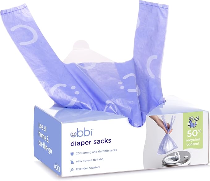 Ubbi Disposable Diaper Sacks, Lavender Scented, Easy-To-Tie Tabs, Diaper Disposal or Pet Waste Bags, 200 Count