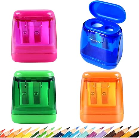 Pencil Sharpeners, Aipker Manual Pencil Sharpeners, 4PCS Colorful Dual Holes Pencil Sharpener with Lid, Portable Pencil Sharpener for Kids Adults School Office