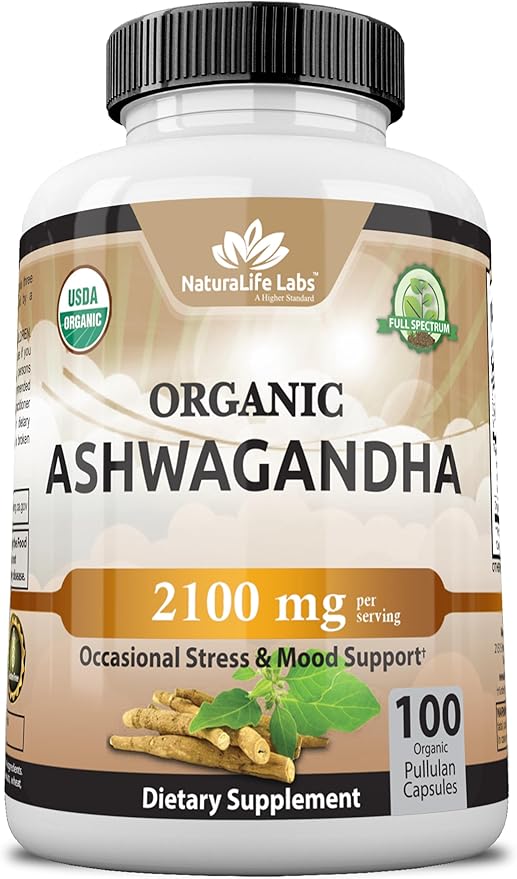 Organic Ashwagandha 2,100 mg - 100 Vegan Capsules Pure Organic Ashwagandha Powder and Root Extract - Natural Anxiety Relief, Mood Enhancer, Immune & Thyroid Support, Anti Anxiety