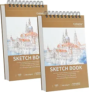 Crehatos 5.5" x 8.5" Sketch Book, Top Spiral Bound Sketch Pad, 100 Sheets Each 68lb/100gsm Drawing Paper, 2 Pack