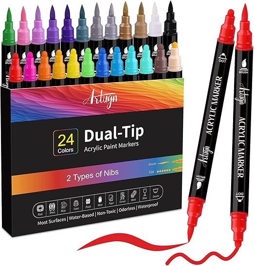 24 Colors Acrylic Paint Pens, Dual Tip Pens With Medium Tip and Brush Tip for Rock Painting, Ceramic, Wood, Plastic, Calligraphy, Scrapbooking, Brush Lettering, Card Making, DIY Crafts