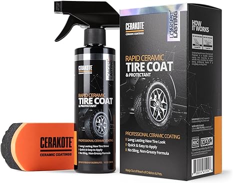 CERAKOTE Rapid Ceramic Tire Coat – Showroom New Tire Shine – Deep Tire Black Finish – Lasts Up to 10x Longer – No Sling, Non-Greasy Ceramic Tire Coating for Car, Truck & SUV – Easy Application (10oz)