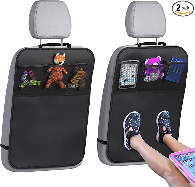 lebogner Back Seat Cover For Kids + 3 Pocket Storage Organizer, 2 Pack X-Large Waterproof Kick Mats Backseat Protector, Car Seat Back Protectors For Vehicles To Protect From Dirt, Mud & Scratches