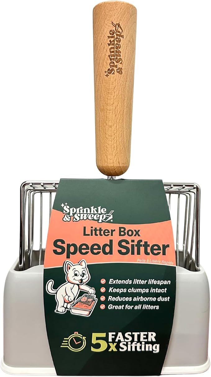 Cat Litter Speed Sifter with Base, Premium Kitty Clump Scoop, Litter Box Cleaner, Quick Kitty Litter Sifter, Comfortable Beech Wood Grip, Washable Base Stand, Heavy Duty Cat Litter Box Scooper