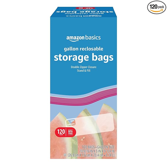 Amazon Basics Reclosable Gallon Food Storage Bags, BPA Free, 120 Count