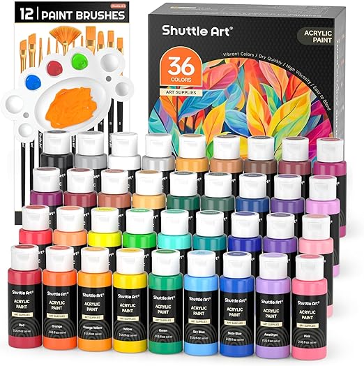 Shuttle Art Acrylic Paint Set, 36 Colors Acrylic Paint with Brushes & Palette, 2oz/60ml Bottles, Rich Pigments Non-toxic for Artists Kids & Adults, Painting on Canvas Rock Ceramic Wood Easter Decor