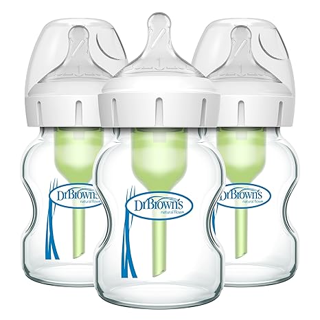 Dr. Brown's Natural Flow Anti-Colic Options+ Wide-Neck Glass Baby Bottles 5 oz/150 mL, with Level 1 Slow Flow Nipple, 3 Pack, 0m+
