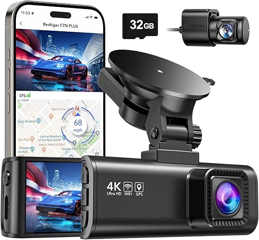 REDTIGER 4K Dual Dash Cam with 32GB Card, Built-in WiFi GPS Front 4K/2.5K and Rear 1080P Dual Dash Camera for Cars,3.18" Display,170° Wide Angle Dashboard Camera with STARVIS Sensor,Support 256GB Max