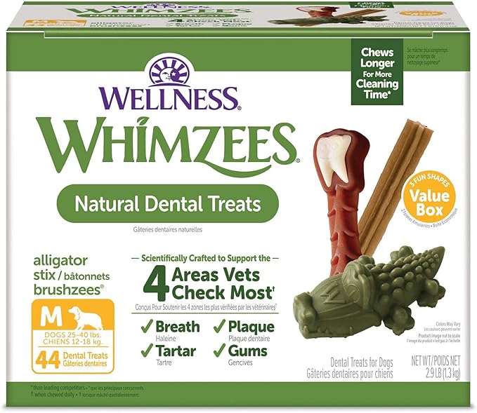 Wellness WHIMZEES Value Box Dog Dental Treats, Natural Chews, Medium Size (44 Count)