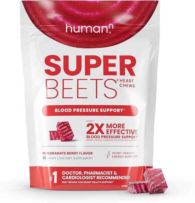 HumanN SuperBeets Heart Chews - Nitric Oxide Production and Blood Pressure Support - Grape Seed Extract & Non-GMO Beet Energy Chews - Pomegranate Berry Flavor, 60 Count