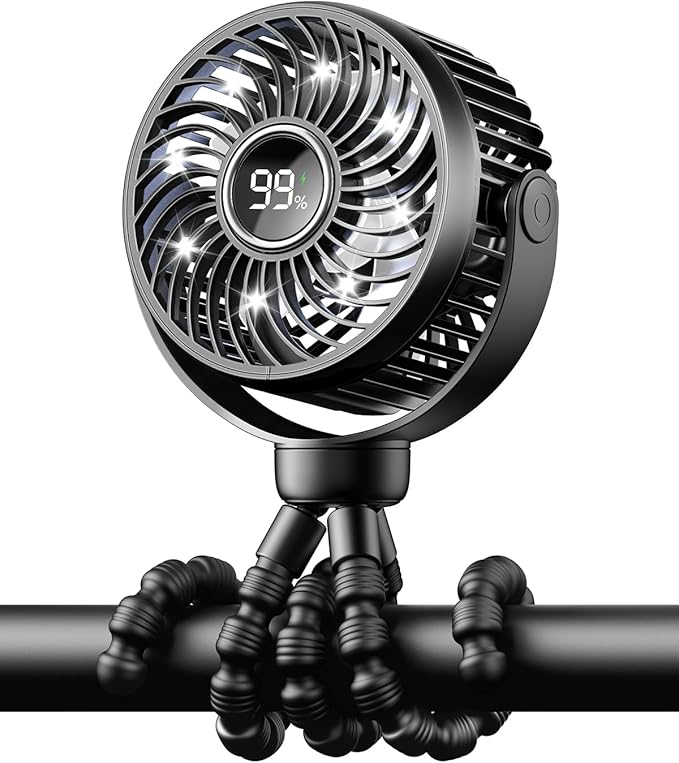 Mini Portable Stroller Fan for Travel,360° Rotation,4-Speed LED Night Light Clip on Fans Operated by Rechargeable Battery, Cordless Fan with Tripod Car Seat Baby Pram (Black)