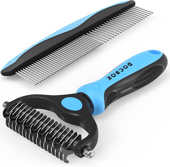 Docrok Pet Grooming Combo - Blue Deshedding Brush with Metal Comb for Detangling and Dematting Long, Matted Fur on Cats and Dogs