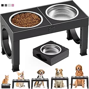 Elevated Dog Bowls for Medium Large Breed Dogs, 4 Height Adjustable Dog Raised Bowls Stand to 9.09", 10.63", 12.20", 13.78", 2 Thick Stainless Steel Dog Food Water Bowls, No Slip Dog Feeder