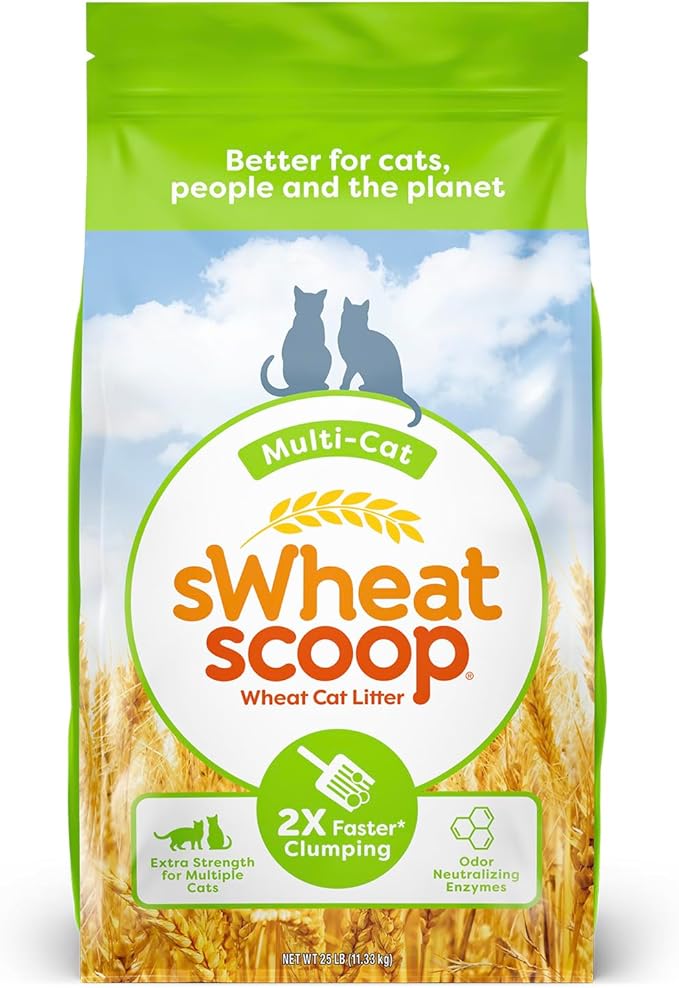 sWheat Scoop Natural Wheat Multi-Cat Litter, Superior Clumping with Odor Neutralizing Enzymes, 25 Pound Bag