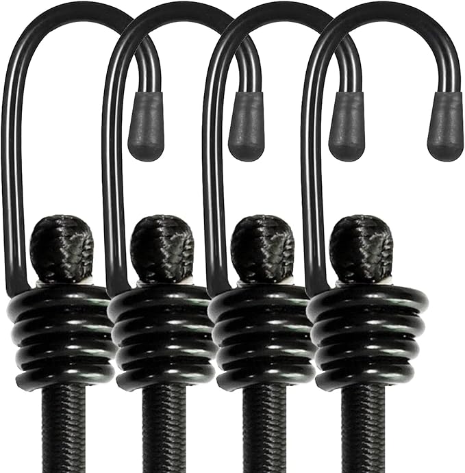 Bungee Cords with Hooks, Heavy Duty Outdoor Elastic Bungee Straps，No Odour Industrial Grade Bungee Rope for Securing Tarps, Luggage, Tents, Bikes or Garden Tidying 24inch 4Pcs (Black)