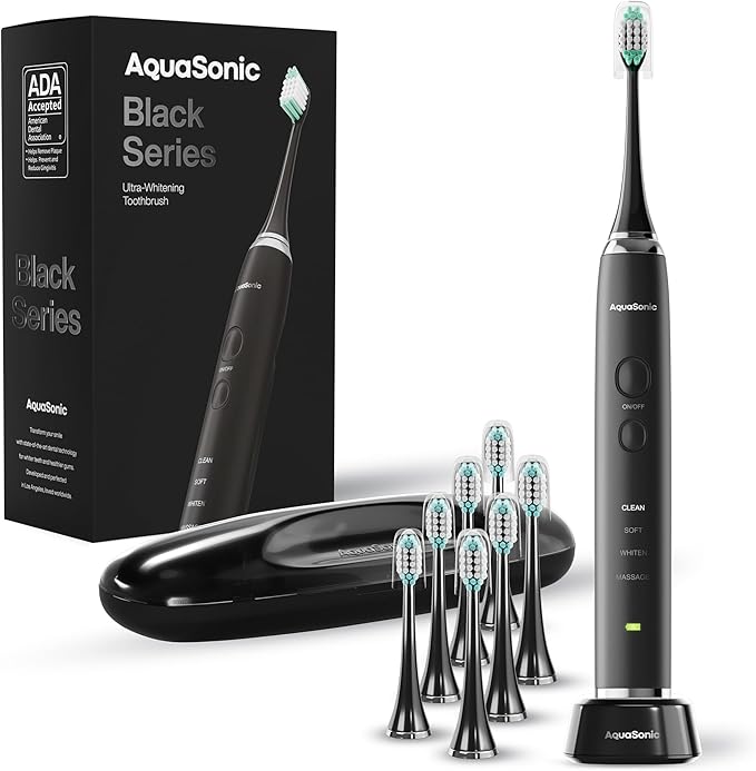 AquaSonic Black Series Ultra Whitening Toothbrush – ADA Accepted Rechargeable Toothbrush - 8 Brush Heads & Travel Case - Ultra Sonic Motor & Wireless Charging - 4 Modes w Smart Timer - Sonic Electric