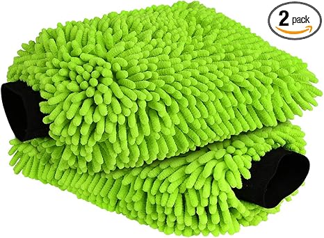 AIDEA Car Wash Mitt Microfiber, 2PK Scratch Free Lint-Free, Premium Chenille Microfiber Mitt Car Wash Brush, Green, Regular Size 7.12''X10.14''
