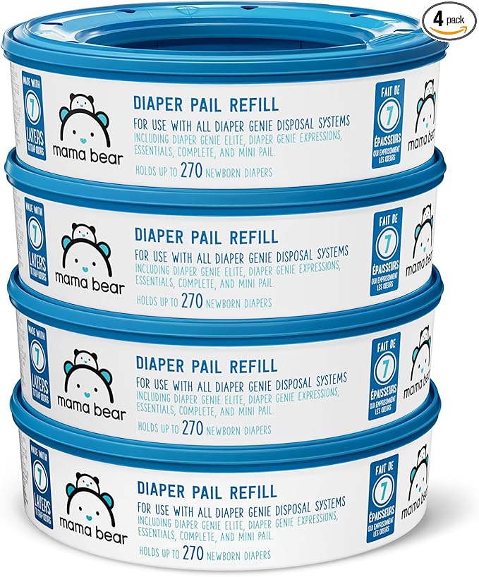 Amazon Brand - Mama Bear Diaper Pail Refills for Diaper Genie Pails, Unscented, 1080 Count (4 Packs of 270 Count)