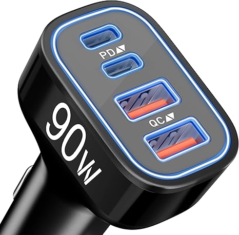 USB C Car Charger, 4-Port 90W Super Fast Car Phone Charger Accessories Dual 45W USB-C & USB-A Cargador Carro Adapter Cigarette Lighter for iPhone 16e 16 15 14 13 12, Samsung S25 S24, Tablet, Android
