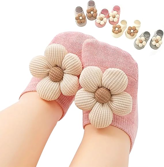 4Packs Baby Girls Socks,Flower Non-Slip Grips for Babies Toddler Princess Low Cut Ankle Socks for Girls