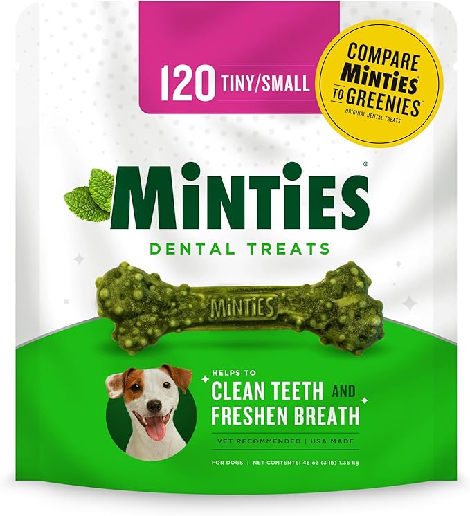 Minties Dental Chews for Dogs, 120 Count, Vet-Recommended Mint-Flavored Treats for Tiny/Small Dogs 5-24 lbs, Dental Bones Clean Teeth, Fight Bad Breath, and Removes Plaque and Tartar