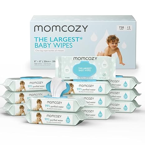 Momcozy Water Baby Wipes-Extra Large Size Design, 99% Water Based Wipes, Unscented & Hypoallergenic, Cleansing & Moisturizing Baby Wipes for Sensitive Skin, 12 Flip-Top Packs (720 Wipes Total)