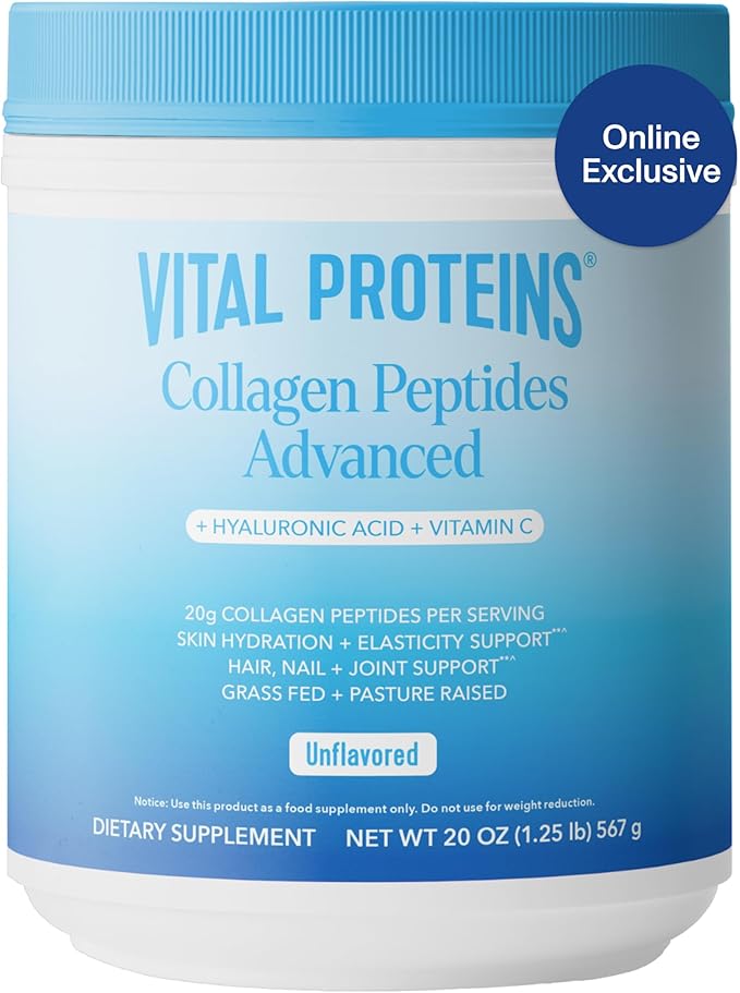 Vital Proteins Collagen Peptides Powder with Hyaluronic Acid and Vitamin C, Unflavored, 20 oz
