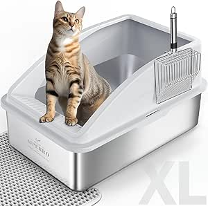 AIPERRO Enclosed Stainless Steel Cat Litter Box with Lid | XL Extra Large Litter Box for Big Cats | Metal Litter Box High Sided | Anti-Urine Leakage, Include Cat Mat and All-Metal Litter Scoop