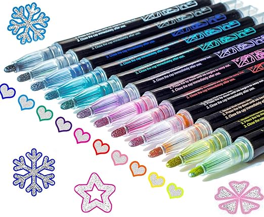 Glitter Markers Outline Glitter Pens: 12 Shimmer Metallic Tween Teen Girl Gifts Trendy Stuff 4-16 Year Old,Arts Crafts Kids Ages 8-12,Art Supplies Kids 6-8 9-12 10-12,Cute Cool Fun Crafts Girls 8-12