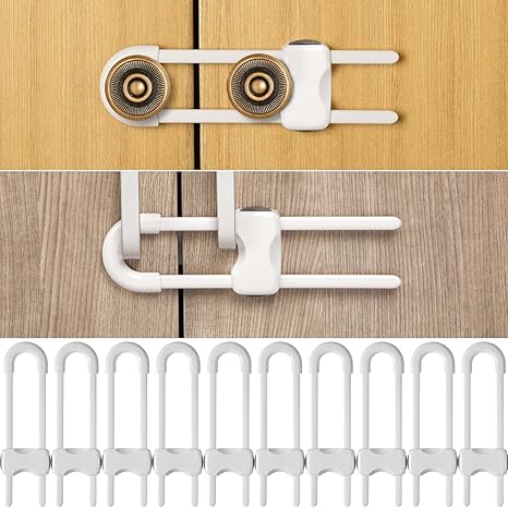 Jetec 10 Pieces Cabinet Locks for Babies, U-Shaped Proofing Drawers Safety Child Locks Adjustable, Easy to Use Childproof Latch for Knob Handle on Kitchen Door Storage Cupboard Closet (White)