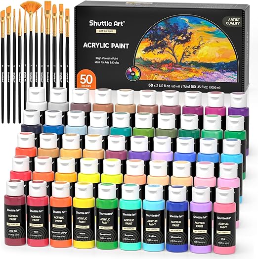 Shuttle Art Acrylic Paint, 50 Colors Acrylic Paint Set, 2oz/60ml Bottles, Rich Pigments, Water Proof, Premium Acrylic Paints for Artists, Beginners and Kids on Canvas Rocks Wood Ceramic Fabric