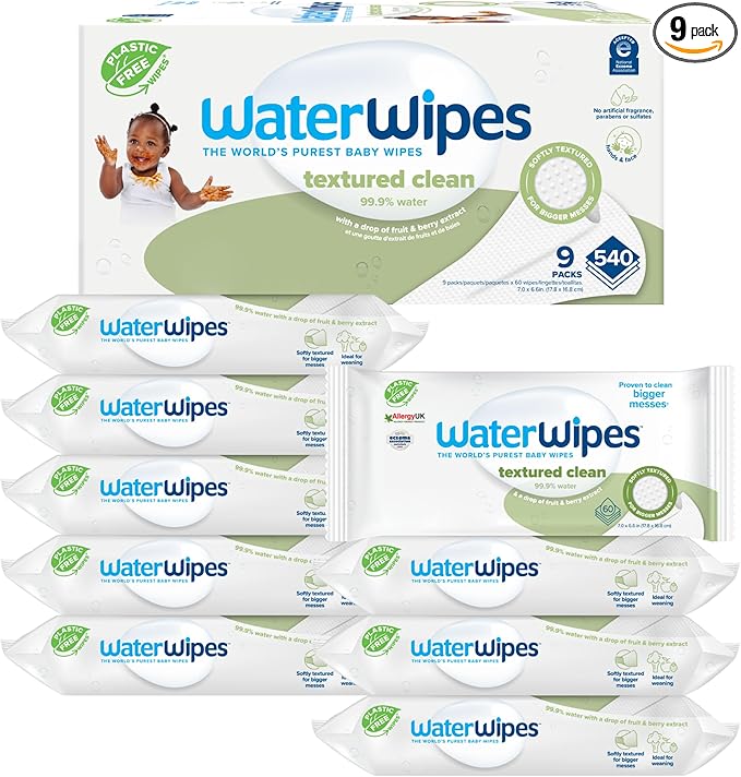 WaterWipes Plastic-Free Textured Clean, Toddler & Baby Wipes, 99.9% Water Based Wipes, Unscented & Hypoallergenic for Sensitive Skin, 540 Count (9 packs), Packaging May Vary