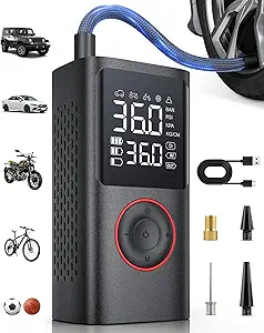 Tire Inflator Portable Air Compressor, 150 PSI Cordless Bike Pump, Air Pump for Auto, Motorcycle, Bicycle, Balls with Pressure Gauge, LED Light & Car Accessories, Black, Medium