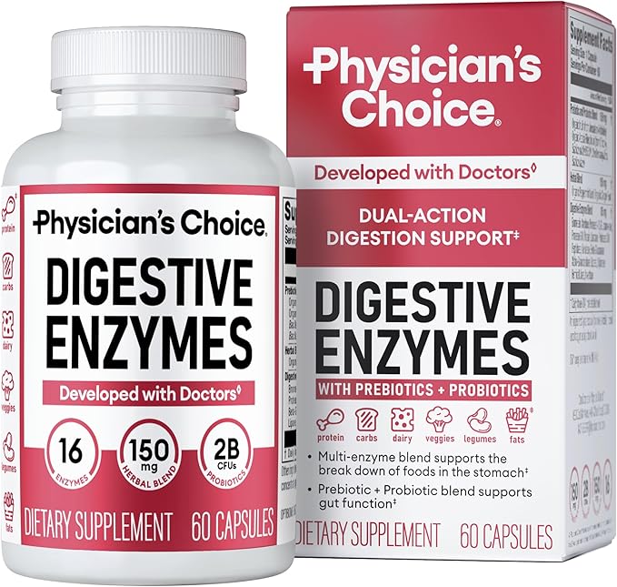 Physician's CHOICE Digestive Enzymes - Multi Enzymes, Organic Prebiotics & Probiotics for Digestive Health & Gut Health - Meal Time Discomfort Relief & Bloating - Dual Action Approach - 60 CT