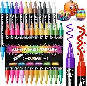 Acrylic Paint Pens Markers, 24 Colors Dual Tip Acrylic Paint Pens for Rock Painting, Wood, Canvas, Stone, Glass, Ceramic Surfaces, DIY Crafts Making Art Supplies (Round Tip and Fine Tip)